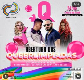 Flyer digital da abertura das Queerlimpiadas do Circuito Cultural Goiânia de Todas as Cores de 2023