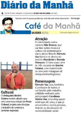 Recorte de jornal da coluna 'Café da Manhã' de Ulisses Aesse no Diário da Manhã que divulga atividade cultural com Rômulo Vaz no Brechó Goiano